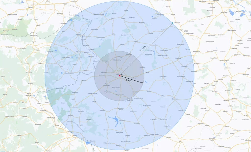 Mapa stref wywozu gruzu i podstawiania kontenerów w Głubczycach. AL-MAR świadczy usługi na terenie miasta i w promieniu do 15 km od centrum Głubczyc.
